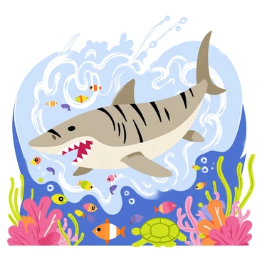 A tiger shark with distinctive striped patterns swims amidst a chaotic scene. The shark has its mouth wide open, showcasing sharp teeth as it lunges toward a swirling mass of fish. Colorful small fish scatter around, creating splashes of color, while a sea turtle curiously observes the frenzy nearby. Bubbles rise up from the excitement, and a vibrant coral reef can be seen in the background, adding depth to the underwater environment. The overall composition captures the dynamic movement and energy of the feeding frenzy.