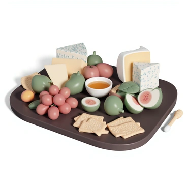 An elegant cheese board arranged on a dark wood platter. It features a variety of cheese types including a creamy Brie, a sharp aged cheddar, and a crumbly blue cheese. Fresh fruits such as red grapes, green apple slices, and figs are artistically placed alongside the cheeses. There are assorted crackers, including whole grain and rosemary-infused varieties, arranged neatly around the edges. A small bowl of honey is positioned in the center, with a wooden honey dipper resting beside it. The entire arrangement is designed to present an appetizing and visually appealing spread.