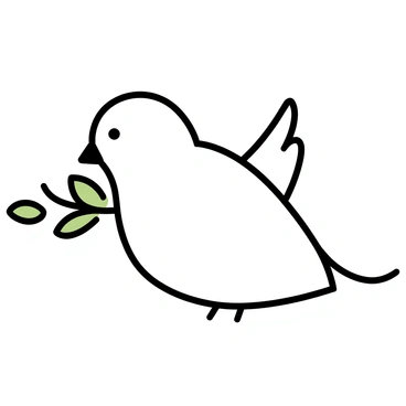 A white dove, with smooth feathers and a gentle expression, is perched gracefully. In its beak, it holds a green olive branch, the leaves clearly detailed and vibrant. The dove's wings are slightly spread, showcasing its delicate form, while its eyes convey a sense of calm.