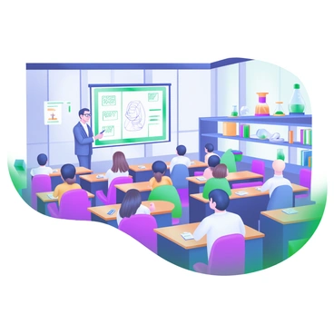 A large lecture hall filled with rows of students sitting at desks, all attentively listening to a science professor standing at the front. The professor is wearing glasses and holding a marker, gesturing towards a presentation projected on a screen. Some students are taking notes, while others are focused on the screen displaying diagrams of scientific concepts. The hall has large windows allowing natural light to fill the space, with shelves filled with books and scientific models lining the walls. The atmosphere is one of concentration and engagement.