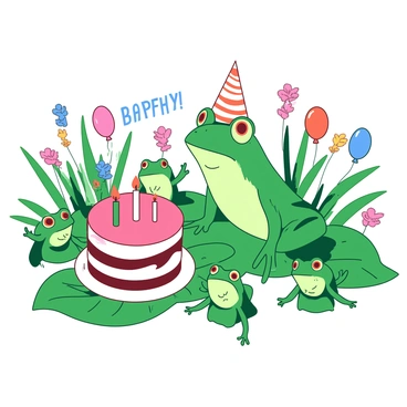 A green frog wearing a small party hat is sitting in front of a colorful birthday cake with lit candles on top. The cake is placed on a large, flat leaf. Surrounding the frog are several smaller green frogs, each with cheerful expressions. Some frogs are holding small colorful balloons, while others are clapping their hands in excitement. In the background, there are vibrant flowers and tall grasses, adding to the festive atmosphere.