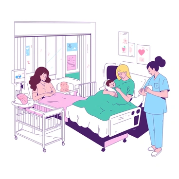 A white NHS maternity ward filled with new mothers and their babies. In one corner, a mother with brown hair is gently cradling her newborn in a teal blanket. Nearby, another mother with blonde hair is sitting on a hospital bed, smiling at her baby as a nurse in a blue uniform checks the baby's heartbeat. The walls of the ward are adorned with soft pastel decorations, and the room is bright with natural light streaming in through large windows. There are also medical equipment and a crib nearby, where a baby is peacefully sleeping.