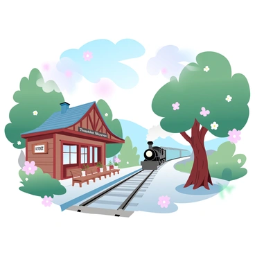 A quaint old train station features weathered wooden beams and vintage signage. The platform has a rustic charm with wooden benches and potted plants. A single train is approaching in the distance, billowing steam as it moves along the tracks. Surrounding the station are trees with lush green foliage and blooming flowers, adding a vibrant touch to the scene. The sky above is a gradient of pastel colors, creating a serene backdrop for this nostalgic setting.