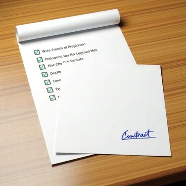 A checklist on a wooden desk features neatly written items, each marked with a green tick. The checklist is printed on white paper and is partially rolled at the edges. Next to the checklist lies a signed contract, which is printed on crisp white paper and has a blue ink signature at the bottom. The contract is slightly creased, suggesting it has been recently handled. The desk itself is polished and reflects a warm light, adding to the organized and professional atmosphere of the scene.