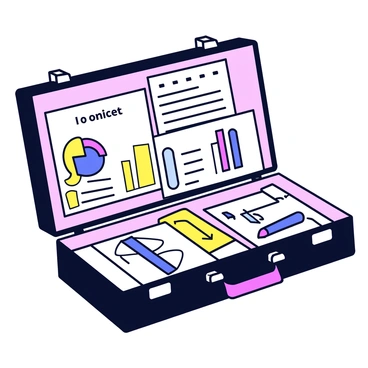 An open briefcase with a black exterior. The interior is filled with neatly organized documents, including colorful charts and graphs showcasing various data points. There are several financial reports with headings clearly visible. The briefcase is resting on a light wooden surface, and a pen is placed beside it.