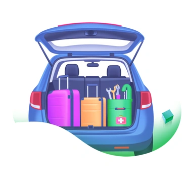 A 3D illustration of a car's trunk space. The trunk is open, revealing an organized interior filled with various pieces of luggage and tools. There are two medium-sized suitcases in vibrant colors, positioned neatly against the sides. A set of neatly arranged tools, including a wrench and a screwdriver, is placed in a dedicated tool organizer. Additionally, a small first aid kit is positioned in one corner. The trunk's interior is lined with a dark material, providing contrast to the lighter colors of the luggage.