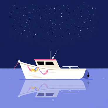 A fishing boat with a pointed bow and a small cabin floats gently on calm waters. The boat has colorful fishing nets hanging over the sides and reflects the soft light of the stars above. A serene night sky is filled with countless shimmering stars, creating a twinkling canopy overhead. The water mirrors the starry sky, enhancing the peaceful scene.