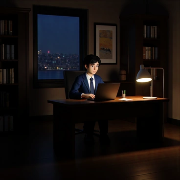 An agent with short black hair and wearing a tailored navy suit sits at a wooden desk in a dimly lit office. The agent focuses intently on a laptop, with a faint glow illuminating the face. The office has dark wooden shelves filled with various books and files. On the walls are several art pieces, including a large abstract painting and a framed landscape print. A floor lamp with a warm light stands beside the desk, casting soft shadows around the room. A window reveals the night sky outside, with a few distant city lights twinkling.