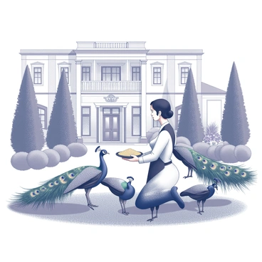 A servant in a formal attire is kneeling on the grass in a lush garden. The servant is holding a bowl filled with grains, extending it toward several peacocks. The peacocks, with their striking fan-shaped tails displayed, are gathering around the servant, their feathers elegantly spread out. The garden features meticulously trimmed hedges and flowering plants in the background, along with a grand estate that showcases large windows and intricate architectural details. The overall scene conveys a sense of harmony between the servant and the peacocks within the opulent surroundings.