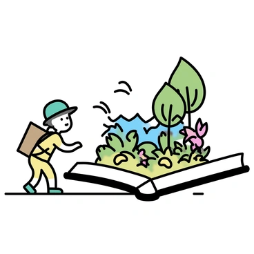 A tiny explorer, wearing a green hat and brown backpack, is climbing out of a large open 3D book. The pages of the book are detailed, with colorful illustrations of a lush jungle scene emerging from them. The jungle features tall green trees with broad leaves, vibrant flowers in shades of red and yellow, and a variety of plants. In the background, there are hints of distant mountains shrouded in mist, adding depth to the scene. The explorer looks amazed as he gazes at the intricate details of the jungle.