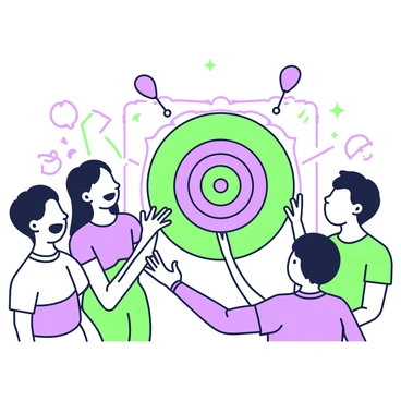 A dartboard is mounted on a wall, featuring multiple colorful segments. A dart is in mid-air, positioned just inches away from hitting the "bullseye." Surrounding the dartboard, a group of friends is gathered, displaying excitement and anticipation. They are smiling and raising their hands in a gesture of encouragement. The background captures a lively atmosphere, indicative of a fun gathering.