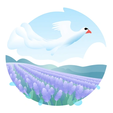 A "cigogne" is soaring gracefully through a clear blue sky. Below, a vast field of "fragrant lavender" is in full bloom, showcasing a rich tapestry of purple hues. The lavender plants are arranged in neat rows, their vibrant blossoms swaying gently in the breeze. The sunlight casts soft shadows across the field, highlighting the texture of the flowers and the green foliage. The scene captures the peacefulness of the countryside, with the cigogne gliding effortlessly above the aromatic landscape.