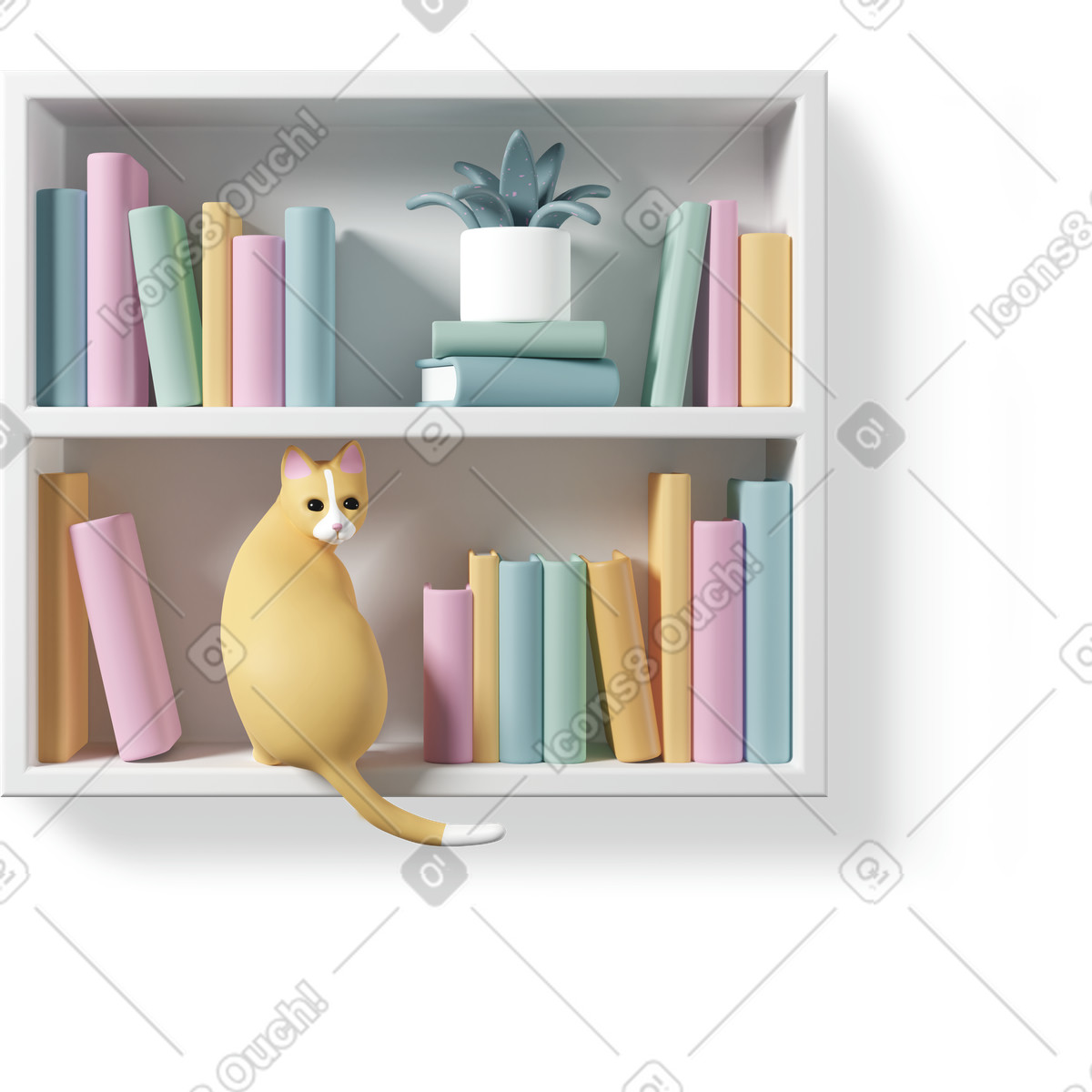 Illustration Chat assis sur une étagère dans le style 3D Casual life à télécharger aux formats PNG, SVG