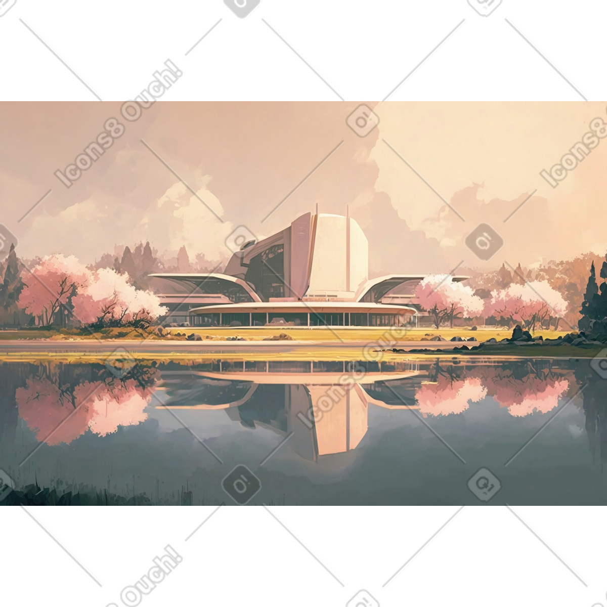 Spring park in the retrofuturistic city background illustration Experimental style download PNG, SVG