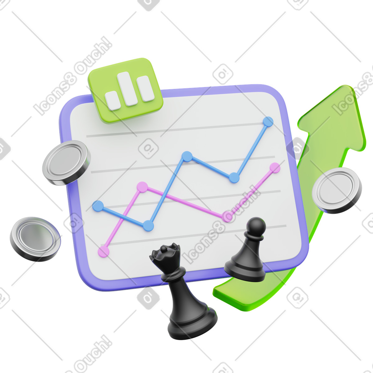 Ilustración Trend analysis, business strategy, financial combo chart with chess pieces en estilo 3D Playful a descargar en PNG y SVG