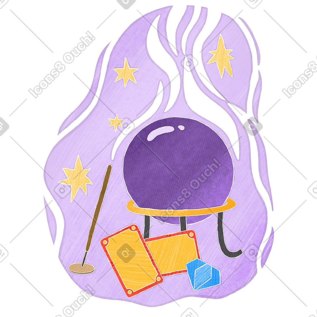 Purple magic ball with cards and incense stick illustration in Crafty style download in PNG, SVG