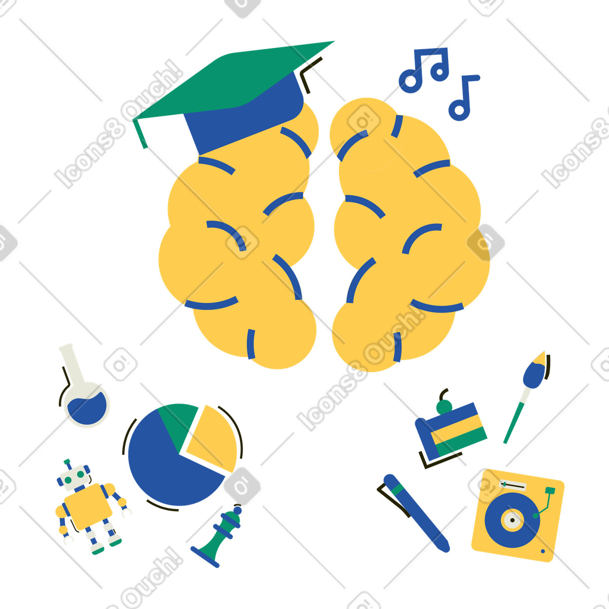 Ilustración Cerebro con sombrero de graduación diversos talentos e intereses. en estilo Spot a descargar en PNG y SVG