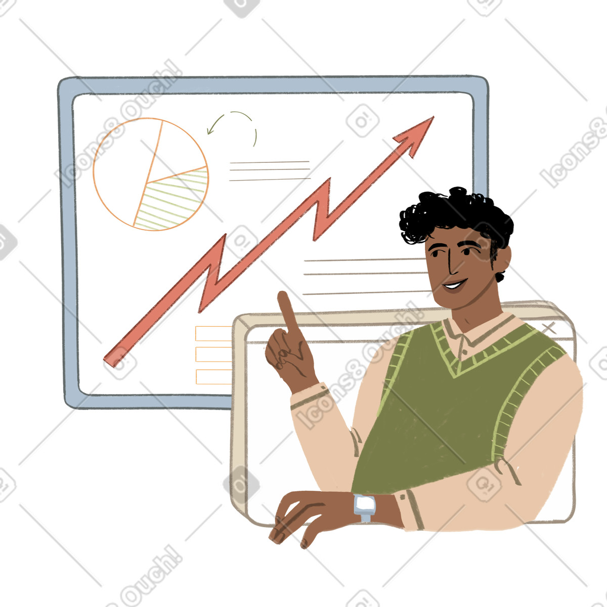 Man giving online presentation with graphs illustration vector clipart for visual communication
