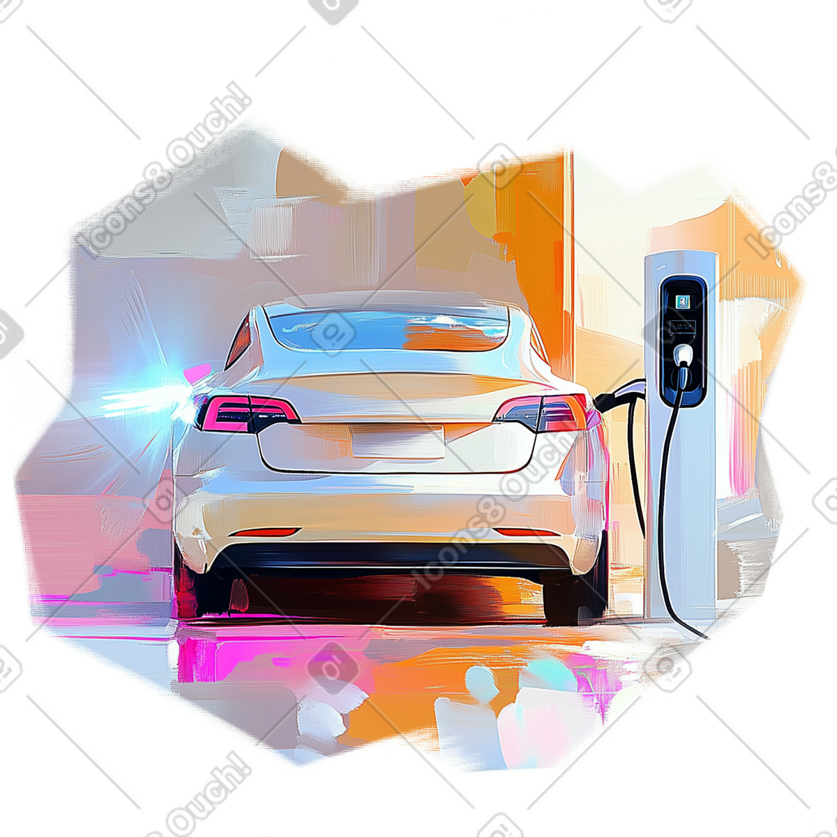 Ölgemälde eines elektroautos an einer ladestation-Illustration im Pictorial-Stil als Download in PNG, SVG