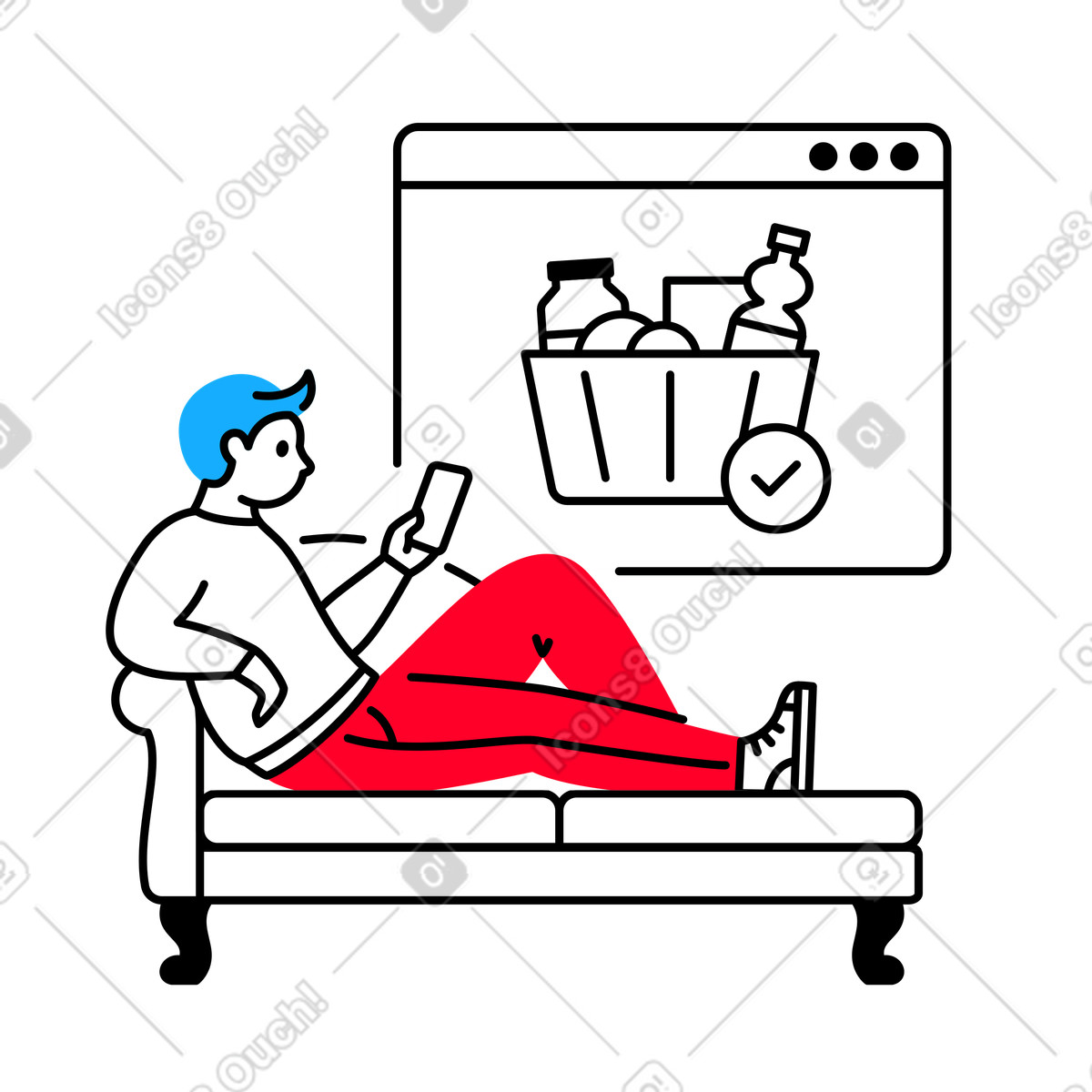 Man orders groceries online while lying on the sofa illustration in Transistor style download in PNG, SVG
