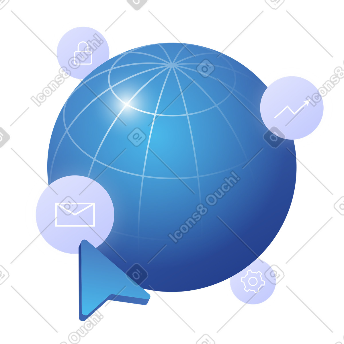 Ilustración Globo azul con iconos, red digital global, infraestructura de internet y seguridad datos en estilo Quantum a descargar en PNG SVG