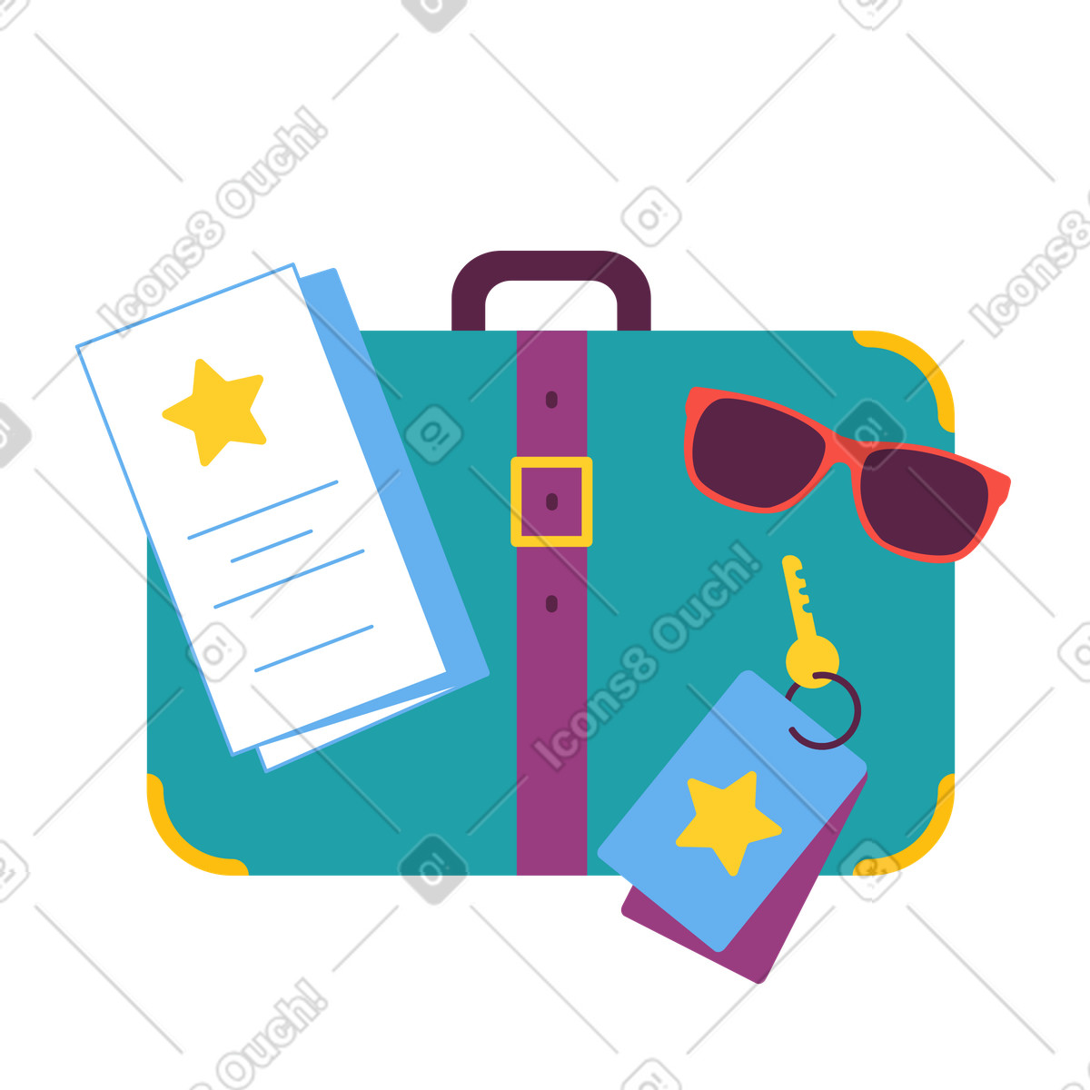 Holiday booking, tourism marketing, suitcase with ticket sunglasses and key-Illustration im Sammy-Stil als Download in PNG, SVG