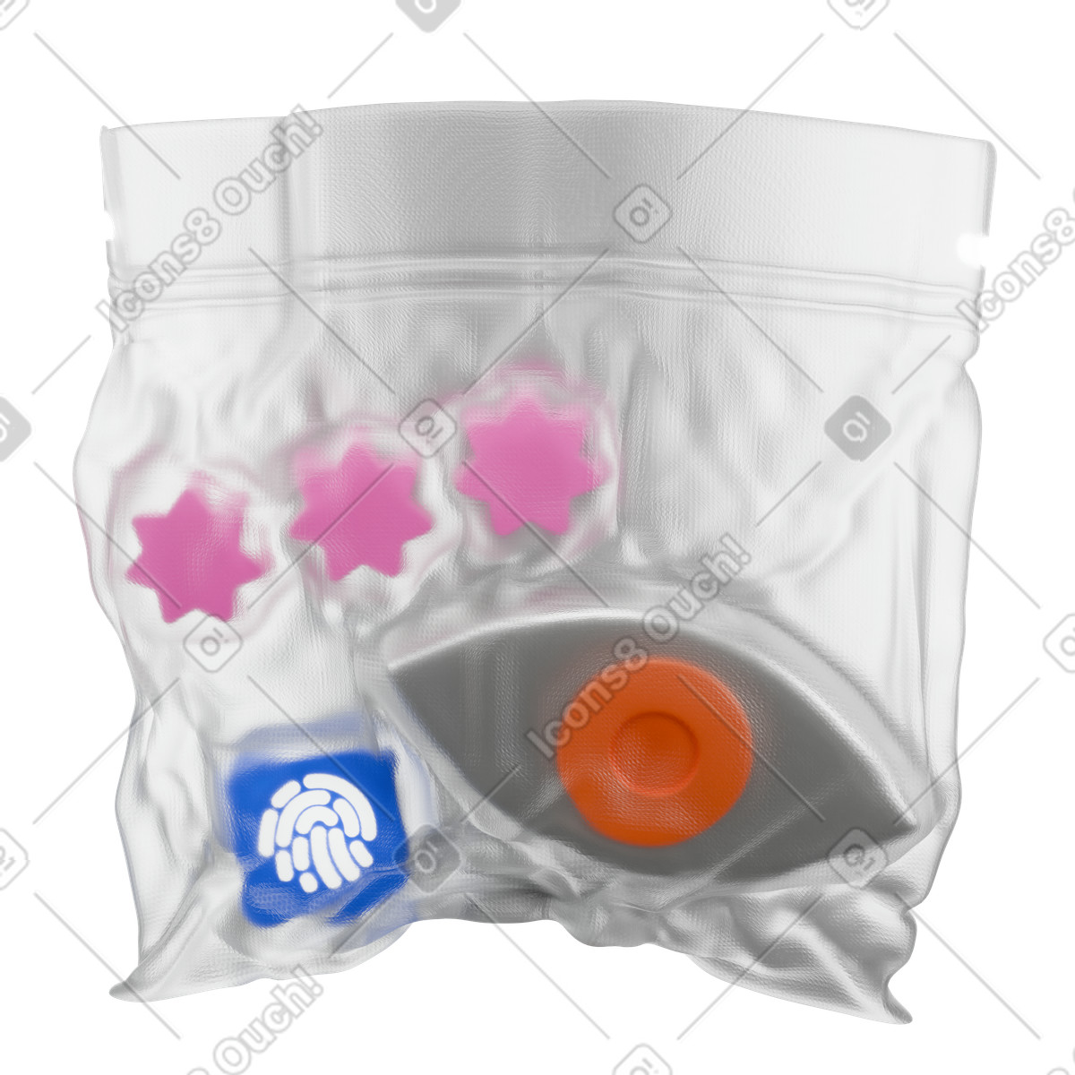 Illustration Symboles de sécurité web dans un sac scellé, outils confidentialité et protection le style 3D Wrap à télécharger aux formats PNG, SVG