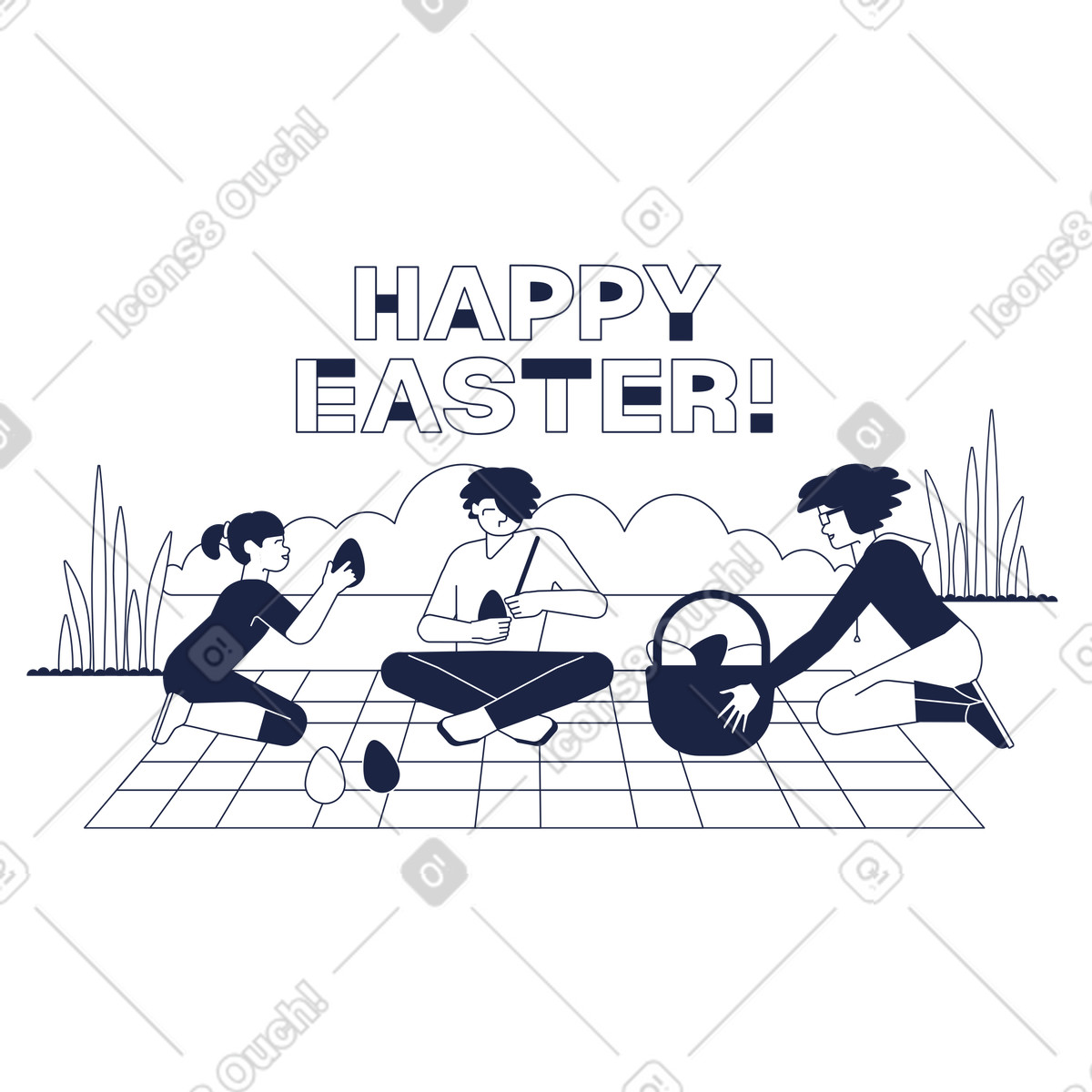 Family decorating eggs on picnic blanket, Easter tradition and celebration-Illustration im Urban Line-Stil als Download in PNG, SVG