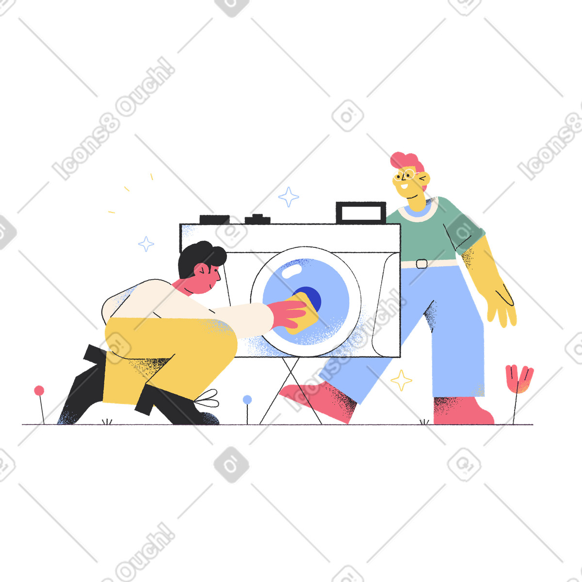 Uomo che pulisce l'obiettivo della macchina fotografica per il fotografo illustrazione in stile Pablo scarica in PNG, SVG
