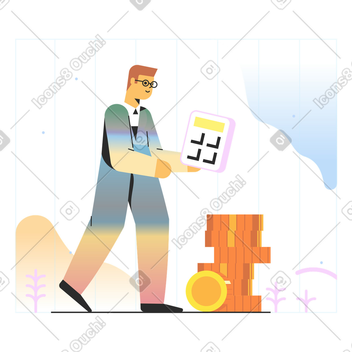 Businessman with calculator and coin stacks, Financial planning budgeting illustration in Marginalia style download in PNG, SVG