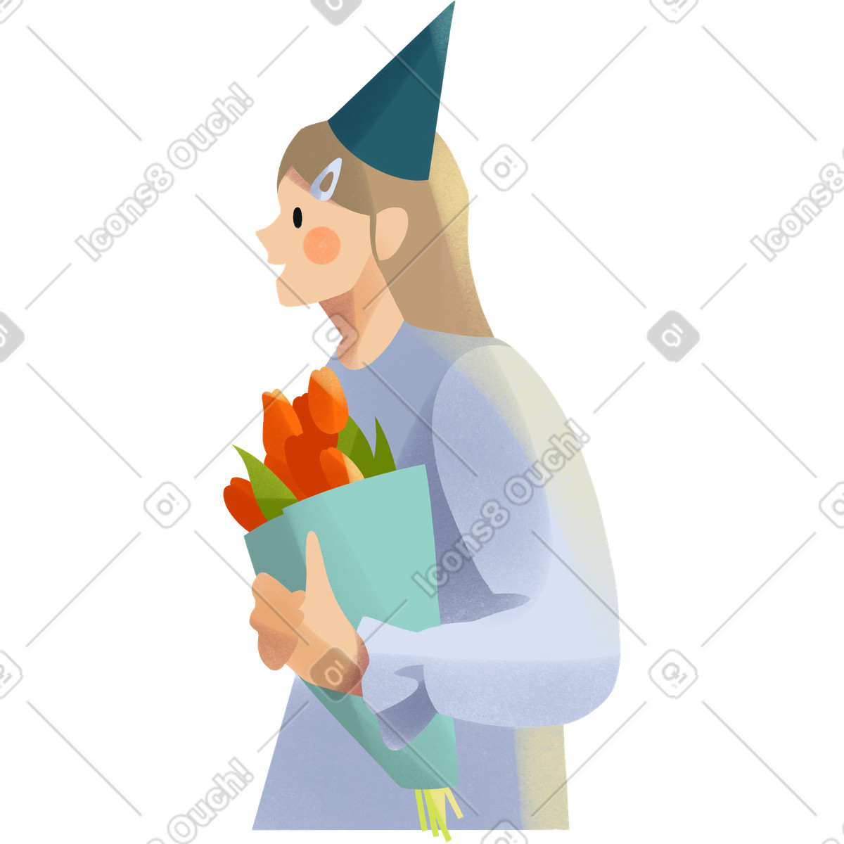 Иллюстрация Birthday girl with a bouquet of tulips in her hands в стиле Shine — скачать в форматах PNG, SVG