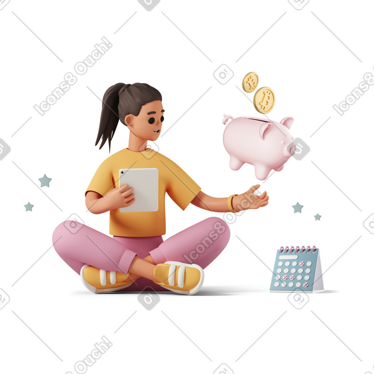 Girl planning budget with tablet and piggy bank-Illustration im 3D Casual life-Stil als Download in PNG, SVG