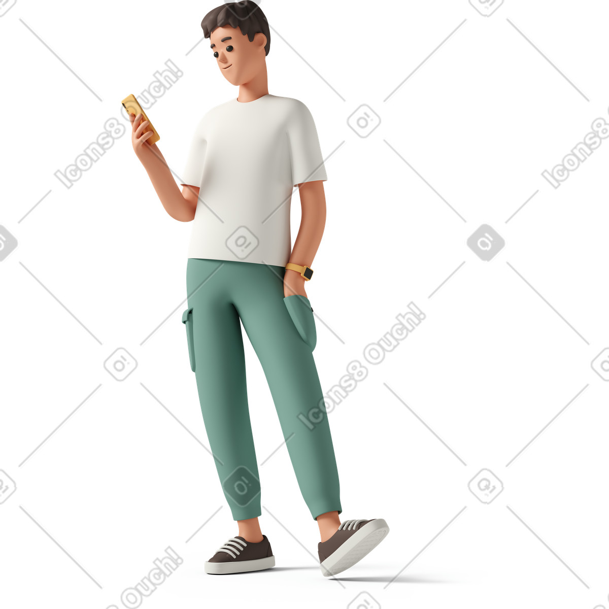 Illustration Jeune homme tenant un smartphone orange et tapant du pied dans le style 3D Casual life à télécharger aux formats PNG, SVG