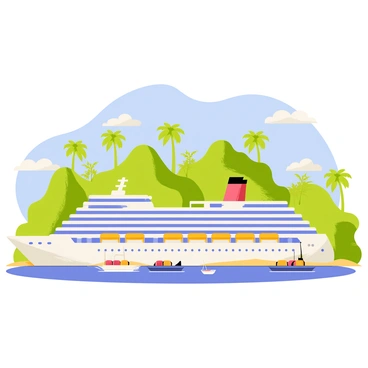 A large cruise ship with multiple decks and colorful lifeboats is docked at a tropical island. The ship is painted white with vibrant accents. In the background, there is dense lush greenery with various shades of green, including tall palm trees and thick bushes. The sky is bright blue with a few fluffy white clouds scattered across it. The foreground features golden sandy beaches, and a few small boats are anchored near the ship.