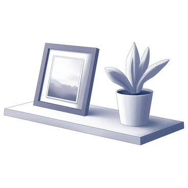 A framed photo positioned on a shelf next to a potted plant
