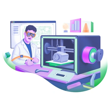 A modern pastel illustration depicting an engineer focused on operating a 3D printer. The engineer, wearing safety goggles and a lab coat, is standing beside a large 3D printer, which is busy creating a prototype model. The prototype, partially finished, resembles a futuristic gadget and is situated prominently on the printer's platform. Surrounding the scene are tools like calipers and spools of colorful filament, with a computer screen displaying design schematics in the background. The workspace is organized, with shelves filled with engineering books and additional prototype models.