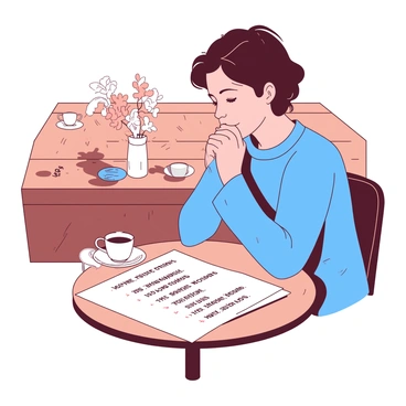 A person with short brown hair is sitting at a small round table in a cafe. The person is focused on a white sheet of paper that is spread out in front of them, displaying a list of "restricted foods for managing gastritis." The cafe has a warm ambiance, with soft lighting and wooden furniture. Nearby, there are coffee cups and a small vase with fresh flowers on another table. The individual is wearing a blue sweater and has a thoughtful expression while reading the list intently.