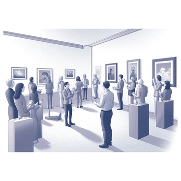 A spacious gallery filled with attendees engaged in lively discussions. Several individuals are raising their paddles, indicating their bids on various art pieces displayed on pedestals and walls. The artwork includes sculptures, paintings, and mixed media, each piece distinct in form and texture. Bright lighting illuminates the gallery, emphasizing the details of the art. A professional auctioneer stands at the front, gesturing with enthusiasm while speaking into a microphone. The audience displays a range of expressions, from excitement to concentration, as they participate in the auction.