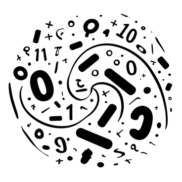 A whirlwind of numbers and symbols in various sizes and fonts swirling in a dynamic motion across the page. The numbers are arranged in a spiral pattern, with some appearing larger and more prominent than others. Various mathematical symbols, such as plus signs, multiplication signs, and equal signs, are interspersed throughout the whirlwind, enhancing the sense of movement. The composition gives the impression of a chaotic yet organized flow of mathematical concepts.