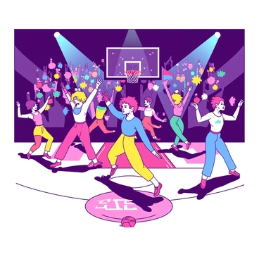 A vibrant duotone scene featuring dancers performing energetically on a basketball court. The dancers are dressed in brightly colored outfits, displaying a mix of patterns and styles as they move in synchronized choreography. The basketball court is marked with white lines and a half-time logo at center court. The audience is visible in the background, showing excitement and waving colorful banners. Spotlights beam down onto the dancers, creating a dynamic atmosphere filled with motion and energy.