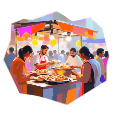 A bustling street food stall is filled with people enjoying a variety of Indian snacks. The stall is adorned with colorful banners and lights, attracting a diverse crowd. People of different ages are gathered around, eagerly waiting to sample the food. A vendor, wearing a traditional apron, is serving crispy samosas and spicy pani puri from a large metal tray. Nearby, a group of friends laughs as they share plates of bhel puri and vada pav. The air is filled with the enticing aromas of spices, and the lively atmosphere is enhanced by the sounds of chatter and sizzling snacks being cooked.
