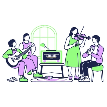 A group of friends is gathered in a cozy living room around a vintage radio. One friend is playing a guitar, while another friend sits on a stool playing a violin. A third friend is tapping a tambourine, and a fourth is clapping along with the rhythm. The vintage radio is prominently placed on a small table, with its dial visible and a warm light illuminating the scene. A few music sheets are scattered on the floor, and a patterned rug adds texture beneath their feet. The friends are smiling and engaging with each other, creating an atmosphere of joy and camaraderie.