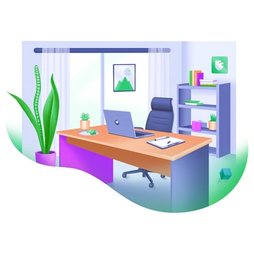 A modern executive's office featuring a sleek wooden desk with a polished surface. On the desk, there is a laptop, a notepad, and a stylish pen set. The office is adorned with lush green plants, including a tall snake plant in one corner and small potted succulents on the desk. The walls are decorated with abstract art in muted tones. A large window allows natural light to flood the room, illuminating the contemporary furniture, including a comfortable ergonomic chair and a minimalistic bookshelf filled with books.