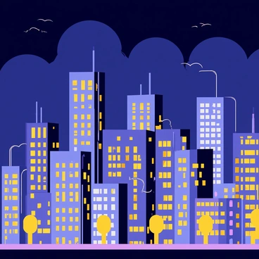 A vibrant city skyline at night featuring tall buildings with glowing windows in various colors. Streetlights cast warm yellow light onto the streets below. The sky above is a deep shade of dark blue, contrasting with the bright lights of the city. Some clouds are scattered across the sky, adding texture to the night scene. The illustration captures the energetic atmosphere of the urban landscape.