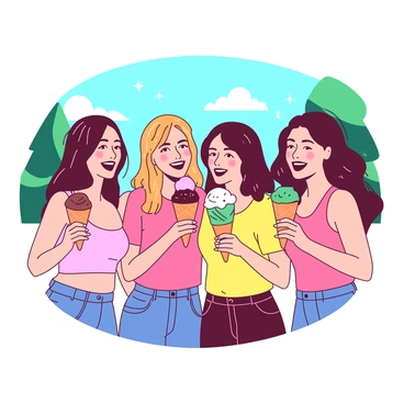 A group of four friends is standing together on a sunny day, each holding colorful ice cream cones. Two friends are on the left; one has an orange cone with a scoop of chocolate ice cream, while the other holds a pink cone topped with mint ice cream. On the right, a friend is eating a teal cone with strawberry ice cream, and the last friend has a yellow cone filled with vanilla ice cream. The friends are smiling widely, showing joy as they enjoy their treats. In the background, there are a few blurred trees under a bright blue sky, enhancing the warm summer atmosphere.