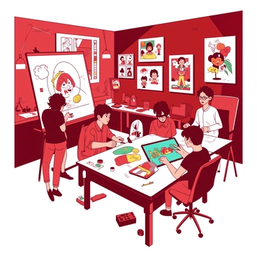 A red illustration studio is filled with several artists engaged in creating various cartoon designs. On the left, one artist is sketching a cartoon character on a large white drawing pad. Another artist, seated at a desk, is digitally painting a colorful scene on a teal tablet. In the center, a group of artists is gathered around a white table, discussing and sharing ideas while examining a collection of cartoon sketches. The walls of the studio are adorned with completed cartoon illustrations showcasing a vibrant mix of characters. Bright lighting floods the space, enhancing the creativity flowing throughout the studio.