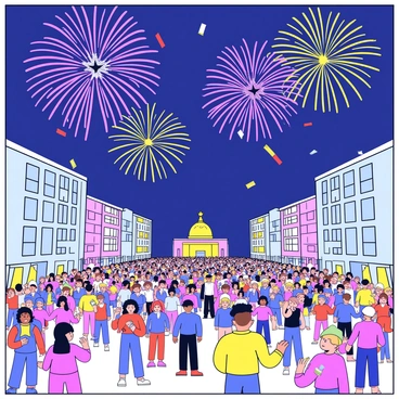 A city square filled with a large crowd celebrating New Year's Eve. People are wearing festive clothing, some holding colorful party hats and noisemakers. In the sky above, vibrant fireworks explode in various colors, creating a dazzling display. Confetti in shades of gold, silver, and red floats down from above, adding to the festive atmosphere. Surrounding the square are tall buildings adorned with sparkling lights and decorations.