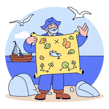 A pirate with a weathered face and a tricorn hat is holding a large, ancient-looking treasure map. The map is filled with intricate drawings of islands, palm trees, and an "X" marking the location of the hidden treasure. The pirate is standing on a rocky shore, with the ocean in the background. He has one hand raised, gesturing invitingly towards the map. In the scene, there are seagulls flying above and a wooden ship anchored in the distance. The sky is clear with a few fluffy clouds.