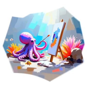 An octopus with a smooth, flowing body in various shades of blue and purple is skillfully painting a vibrant coral reef. The underwater scene is filled with corals in bright reds, yellows, and greens, creating a vivid contrast against the deep blue ocean. The octopus holds a paintbrush with one of its tentacles, applying colorful strokes to the coral. Sunlight filters down from above, illuminating the scene and casting dappled shadows on the sandy ocean floor. Various small fish swim nearby, curiously observing the creative process.