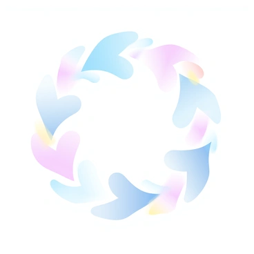 A series of intricate geometric shapes in a symmetrical arrangement. The design features overlapping circles, triangles, and squares, all filled with gradient pastel colors, creating a harmonious flow across the surface. Each shape transitions smoothly into another, blending shades of pink, blue, and yellow. The overall composition gives a sense of balance and unity, with each segment contributing to the whole pattern. 
